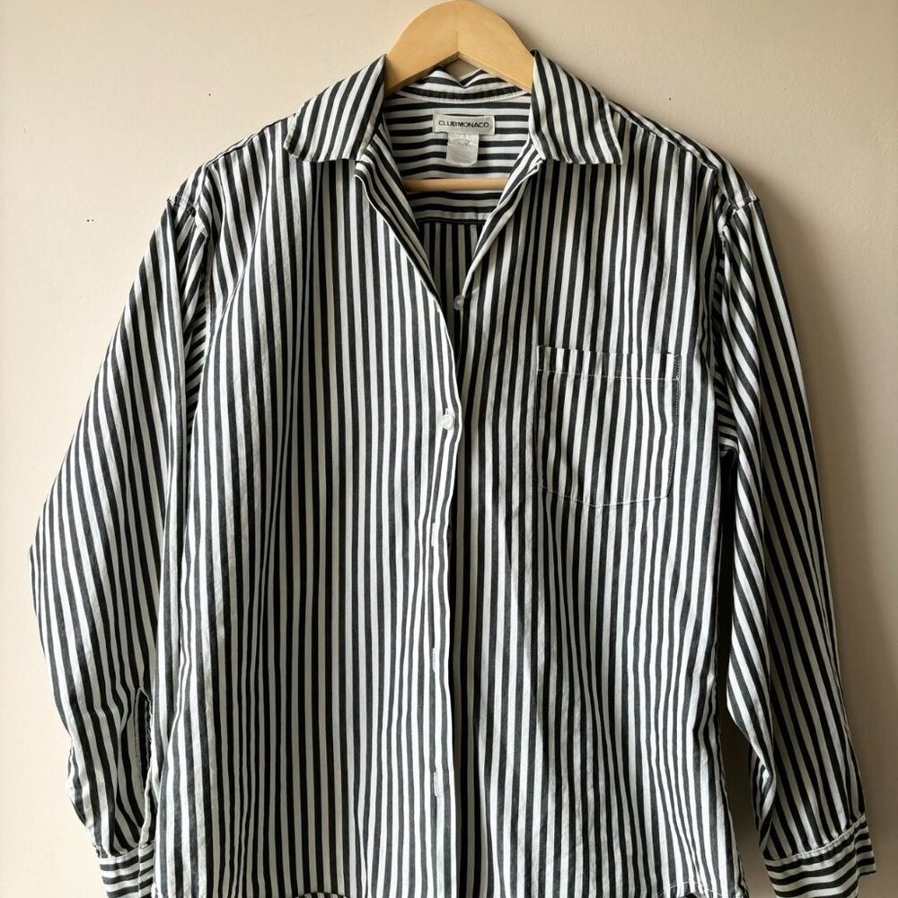 Vintage Grey & White Stripe Button Down Shirt Blouse